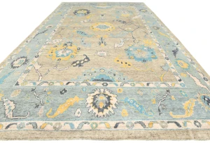 Muted Pastel Brown Floral 10X14 Transitional Oushak Oriental Rug