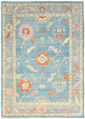 Muted Blue Floral Transitional 10X14 Oushak Oriental Rug