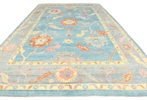 Muted Blue Floral Transitional 10X14 Oushak Oriental Rug