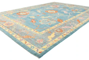 Muted Blue Floral Transitional 10X14 Oushak Oriental Rug