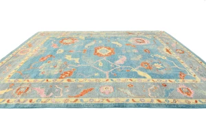 Muted Blue Floral Transitional 10X14 Oushak Oriental Rug