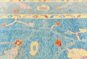 Muted Blue Floral Transitional 10X14 Oushak Oriental Rug