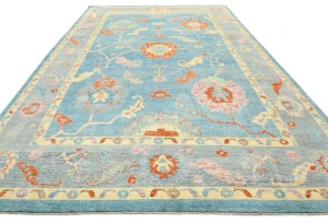 Muted Blue Floral Transitional 10X14 Oushak Oriental Rug