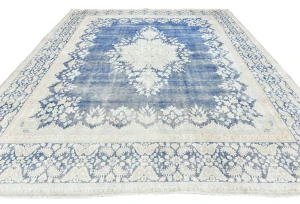 Antique Muted Blue Floral 10X12 Distressed Vintage Oriental Rug