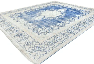 Antique Muted Blue Floral 10X12 Distressed Vintage Oriental Rug