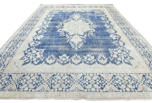 Antique Muted Blue Floral 10X12 Distressed Vintage Oriental Rug