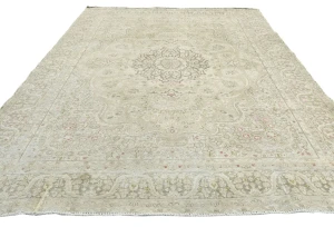 Muted Beige Floral 8X11 Distressed Vintage Oriental Rug