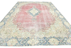 Antique Muted Red Floral 9X12 Distressed Vintage Oriental Rug