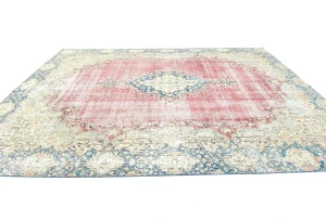 Antique Muted Red Floral 9X12 Distressed Vintage Oriental Rug