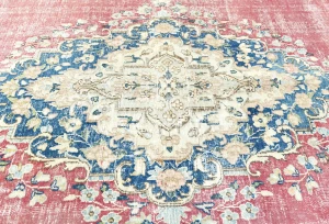 Antique Muted Red Floral 9X12 Distressed Vintage Oriental Rug