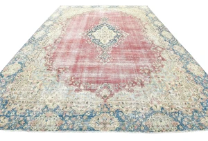 Antique Muted Red Floral 9X12 Distressed Vintage Oriental Rug