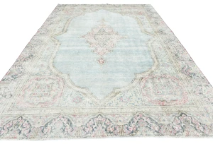 Muted Light Blue Floral 8X11 Distressed Vintage Oriental Rug
