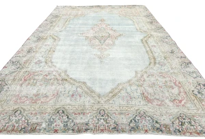 Muted Light Blue Floral 8X11 Distressed Vintage Oriental Rug