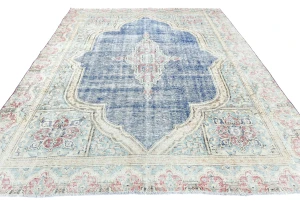 Muted Navy Blue Floral 7X9 Distressed Vintage Oriental Rug