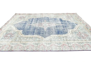 Muted Navy Blue Floral 7X9 Distressed Vintage Oriental Rug