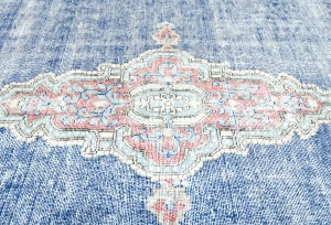 Muted Navy Blue Floral 7X9 Distressed Vintage Oriental Rug