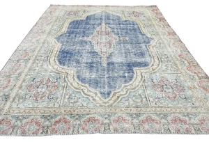 Muted Navy Blue Floral 7X9 Distressed Vintage Oriental Rug