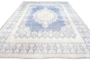 Antique Muted Blue Floral 10X13 Distressed Vintage Oriental Rug