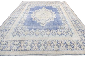Antique Muted Blue Floral 10X13 Distressed Vintage Oriental Rug