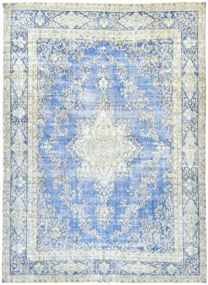 Antique Muted Blue Floral 10X14 Distressed Vintage Oriental Rug