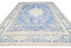 Antique Muted Blue Floral 10X14 Distressed Vintage Oriental Rug