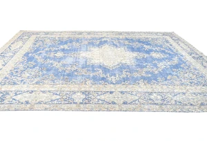 Antique Muted Blue Floral 10X14 Distressed Vintage Oriental Rug