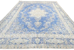 Antique Muted Blue Floral 10X14 Distressed Vintage Oriental Rug