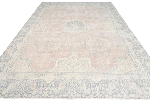 Antique Muted Coral Red Floral 9X12 Distressed Vintage Oriental Rug