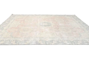 Antique Muted Coral Red Floral 9X12 Distressed Vintage Oriental Rug