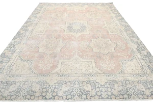 Antique Muted Coral Red Floral 9X12 Distressed Vintage Oriental Rug