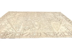 Muted Beige Floral 10X13 Distressed Vintage Oriental Rug