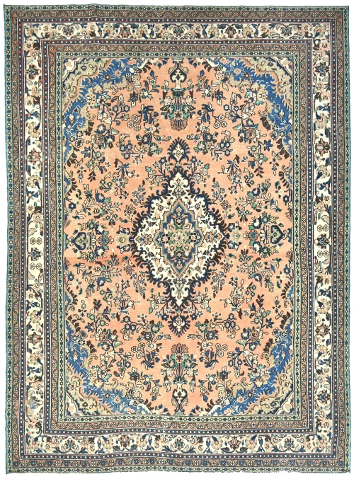 Semi Antique Muted Peach Floral 8X12 Distressed Vintage Oriental Rug