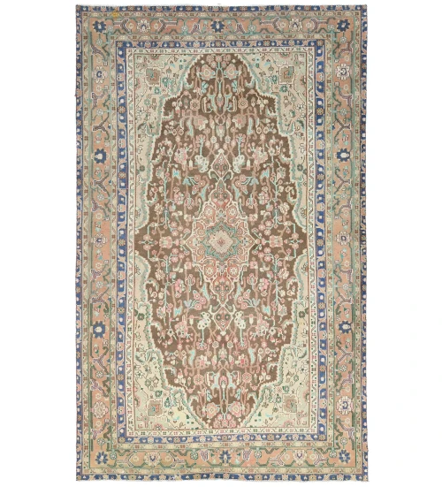 Semi Antique Muted Brown Floral 6X10 Distressed Oriental Rug