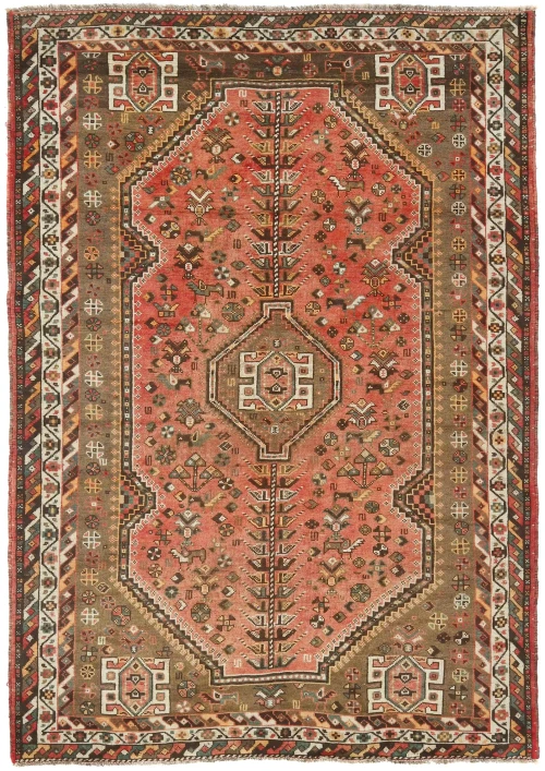 Vintage Muted Red Tribal Geometric 5X8 Shiraz Persian Rug