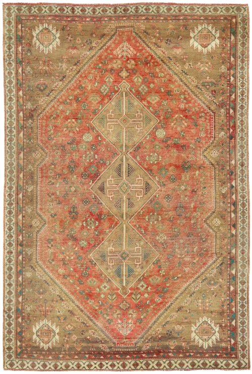 Vintage Muted Red Tribal Geometric 6x9 Shiraz Persian Rug