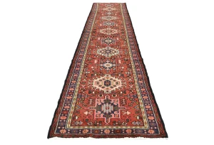 Vintage Red Geometric 3X12 Karajeh Persian Runner Rug
