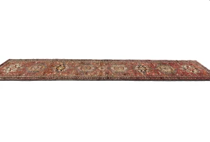 Vintage Red Geometric 3X13 Karajeh Persian Runner Rug