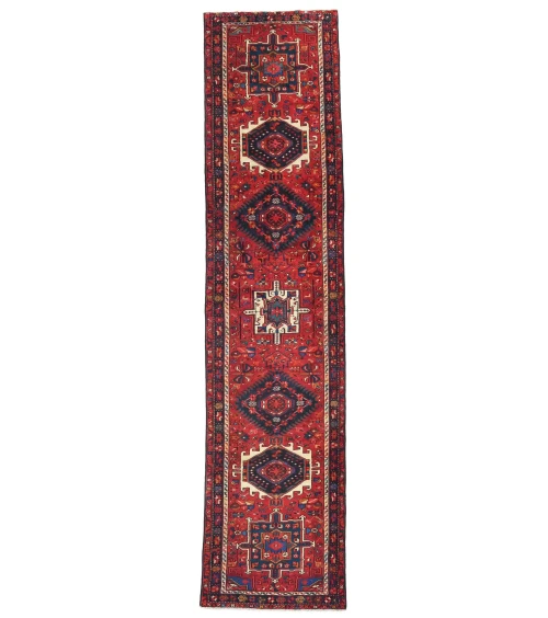 Vintage Red Geometric 3'1X12'7 Karajeh Persian Runner Rug