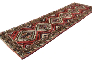 Vintage Red Geometric 2'7X8'8 Hamedan Persian Runner Rug