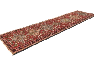 Vintage Red Geometric 2'6 X 9'4 Karajeh Persian Runner Rug