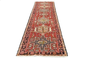 Vintage Red Geometric 2'6 X 9'4 Karajeh Persian Runner Rug