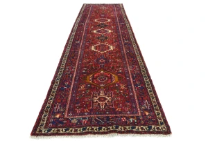 Vintage Red Geometric 4X12 Karajeh Persian Runner Rug