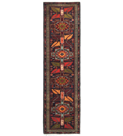 Vintage Purple Geometric 2'6X9'7 Ardabil Persian Runner Rug