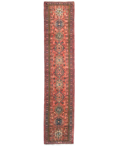 Vintage Red Geometric 2'6 X 12'3 Karajeh Persian Runner Rug
