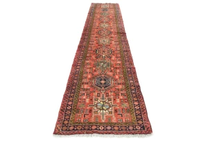 Vintage Red Geometric 2'6 X 12'3 Karajeh Persian Runner Rug