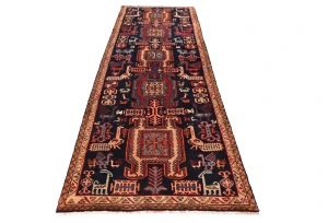 Vintage Purple-navy Tribal Pictorial 3X10 Meshkin Persian Runner Rug