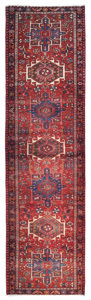 Vintage Red Geometric 3X11 Karajeh Persian Runner Rug