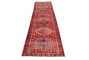 Vintage Red Geometric 3X11 Karajeh Persian Runner Rug