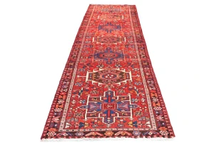Vintage Red Geometric 3X11 Karajeh Persian Runner Rug