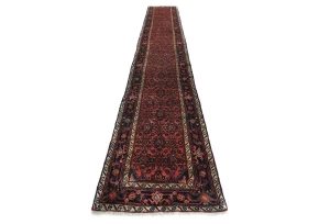Vintage Coral Red Floral Tribal 3X16 Hamedan Persian Runner Rug